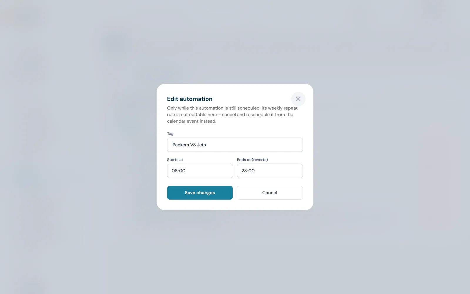 The Edit automation window on my.captifi.io for a Tag guests who connect automation, showing the tag Packers VS Jets, Starts at 08:00, Ends at (reverts) 23:00, Save changes and Cancel buttons, and a note that the weekly repeat rule is not editable here