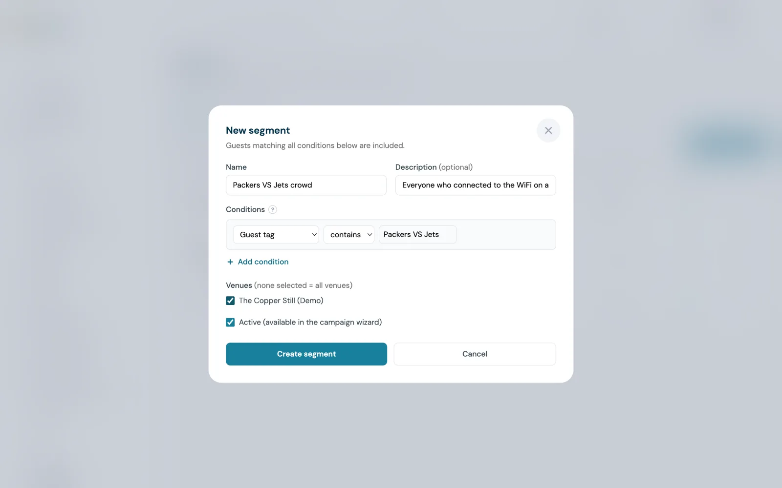 The New segment dialog on my.captifi.io named Packers VS Jets crowd, with one Guest tag condition set to Packers VS Jets, one venue ticked and the Active option on so the segment appears in the campaign wizard