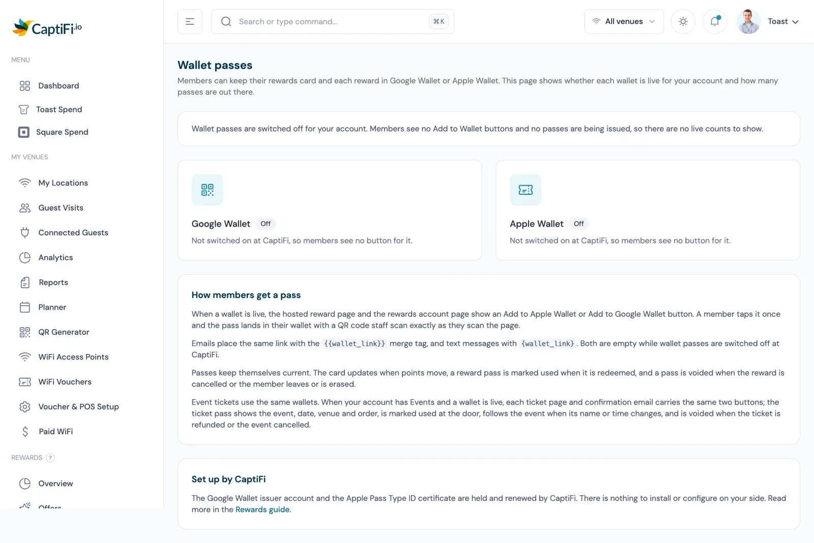 The Wallet passes page on my.captifi.io for the demo account, with a Google Wallet card and an Apple Wallet card showing each wallet's state, and the How members get a pass and Set up by CaptiFi panels beneath them