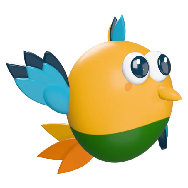 Capi, the CaptiFi helper, a round 3D bird in the CaptiFi colours, waving hello