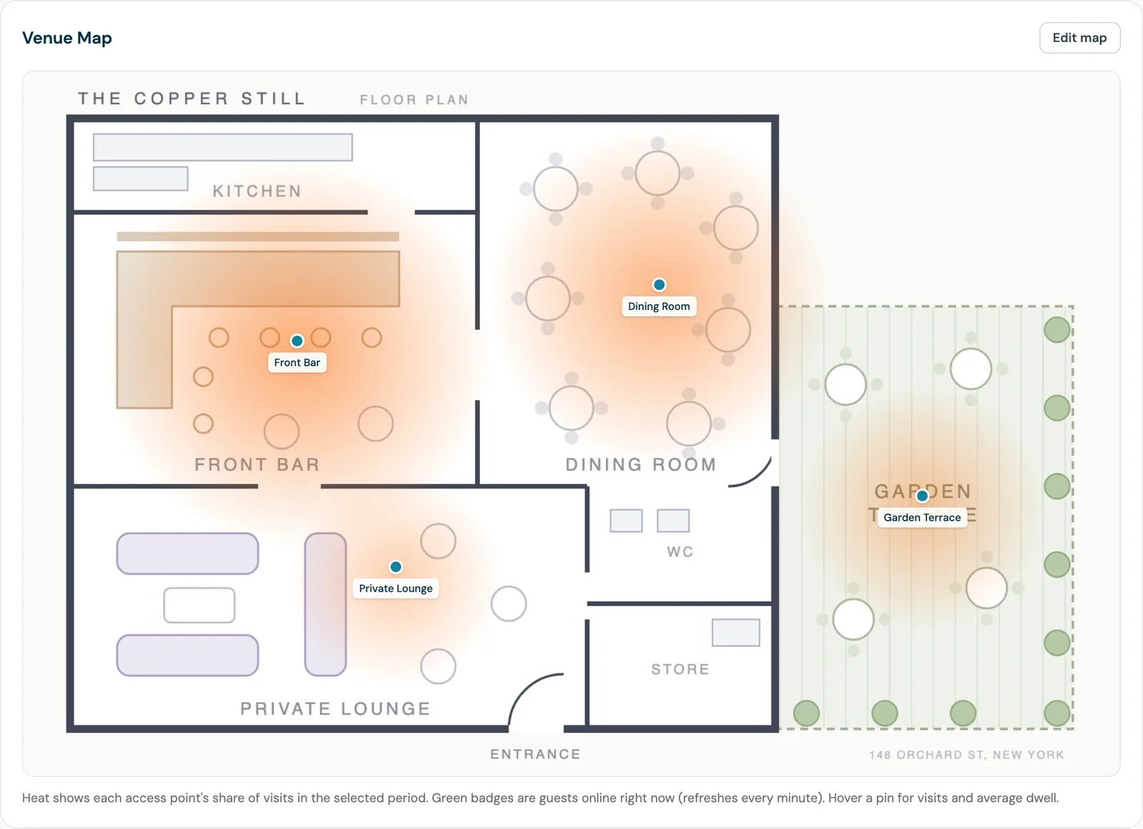 CaptiFi Venue Map showing a pub floor plan with access point pins for Front Bar, Dining Room, Garden Terrace and Private Lounge, each surrounded by a heat blob scaled from the busiest access point down