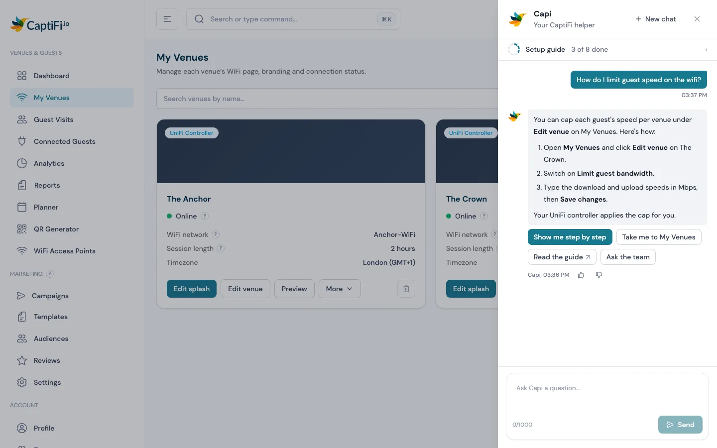 The Capi panel on my.captifi.io answering How do I limit guest speed on the wifi? with three numbered steps, followed by the buttons Show me step by step, Take me to My Venues, Read the guide and Ask the team