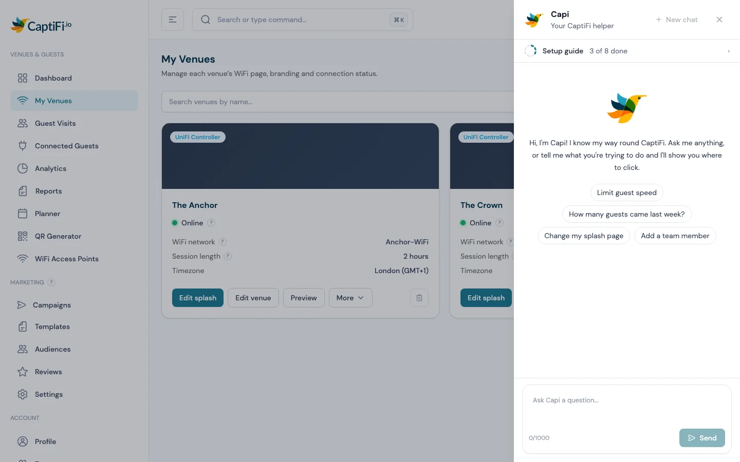 The Capi panel opened over My Venues, with the bird, the greeting Hi, I'm Capi! and four suggested questions: Limit guest speed, How many guests came last week?, Change my splash page and Add a team member