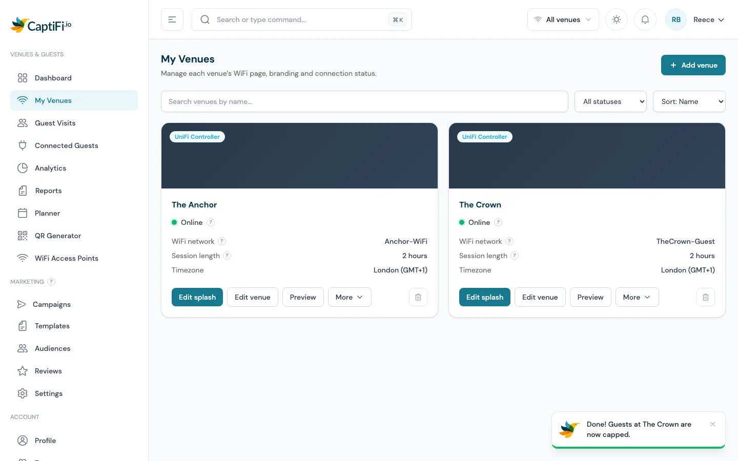 My Venues on my.captifi.io after the walkthrough, with a card in the bottom right corner showing the bird and the words Done! Guests at The Crown are now capped.