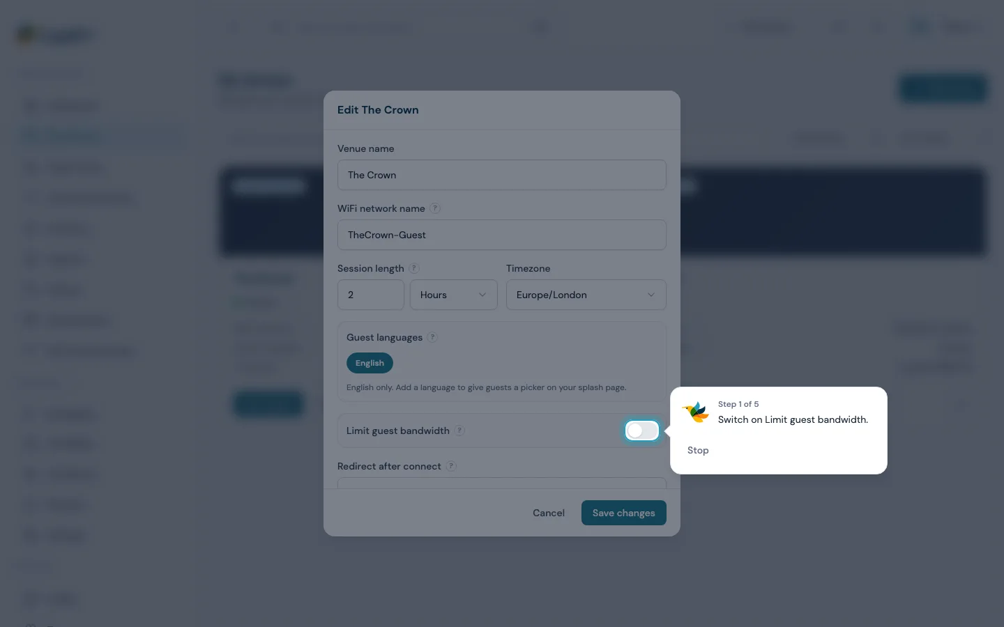 A Capi walkthrough over the Edit The Crown window: the page is dimmed, the Limit guest bandwidth switch is lit up, and a card beside it reads Step 1 of 5, Switch on Limit guest bandwidth, with a Stop button