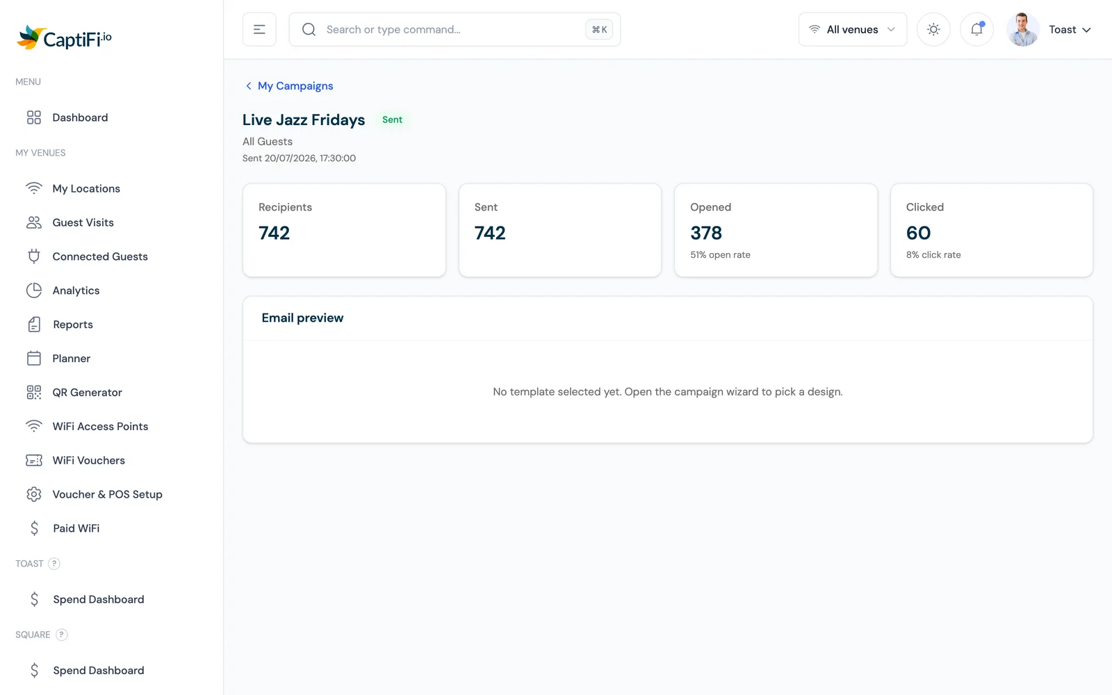 CaptiFi email campaign detail page showing delivery, open and click statistics for a single campaign