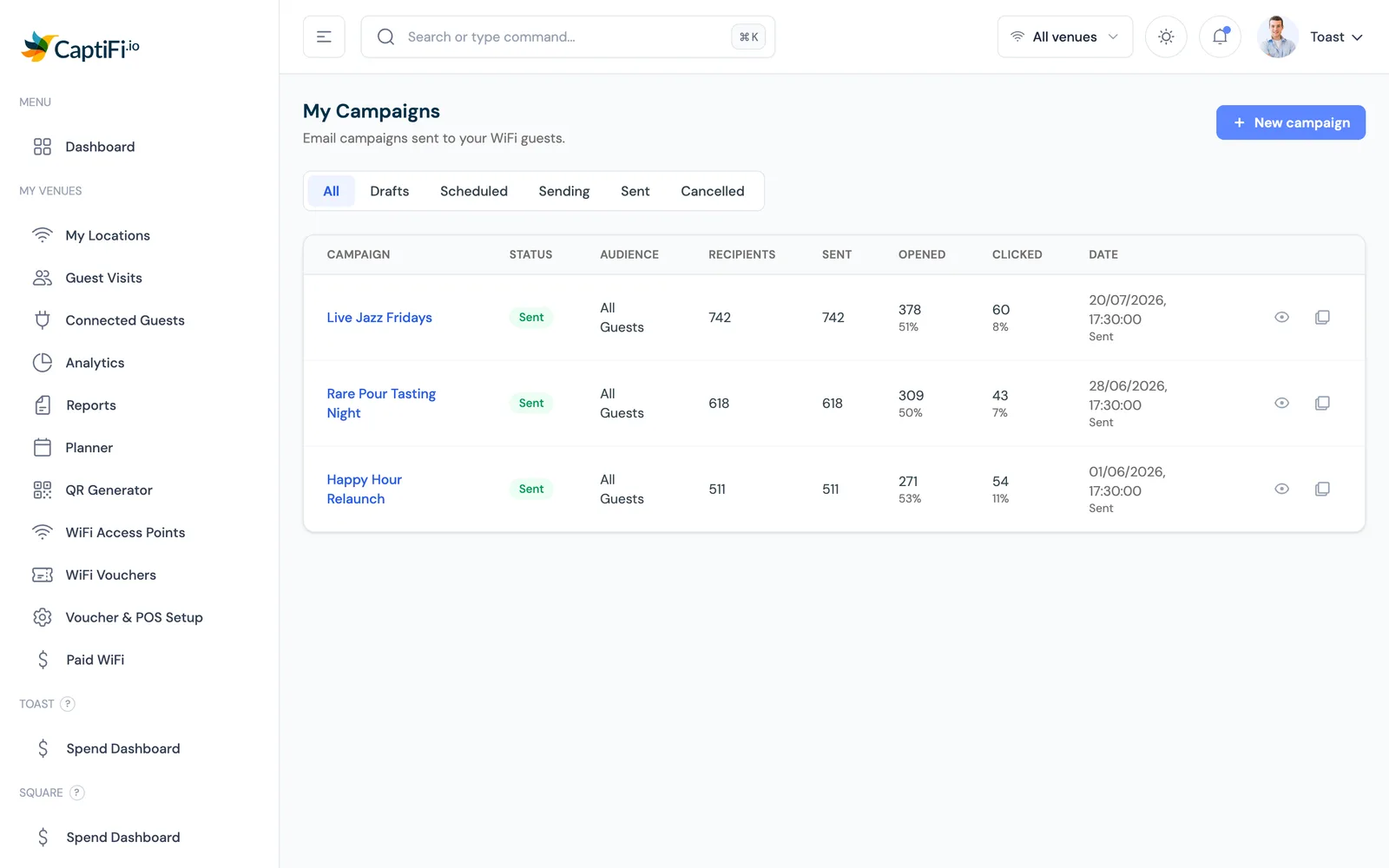 CaptiFi email campaigns list showing each campaign with its open rate and click rate