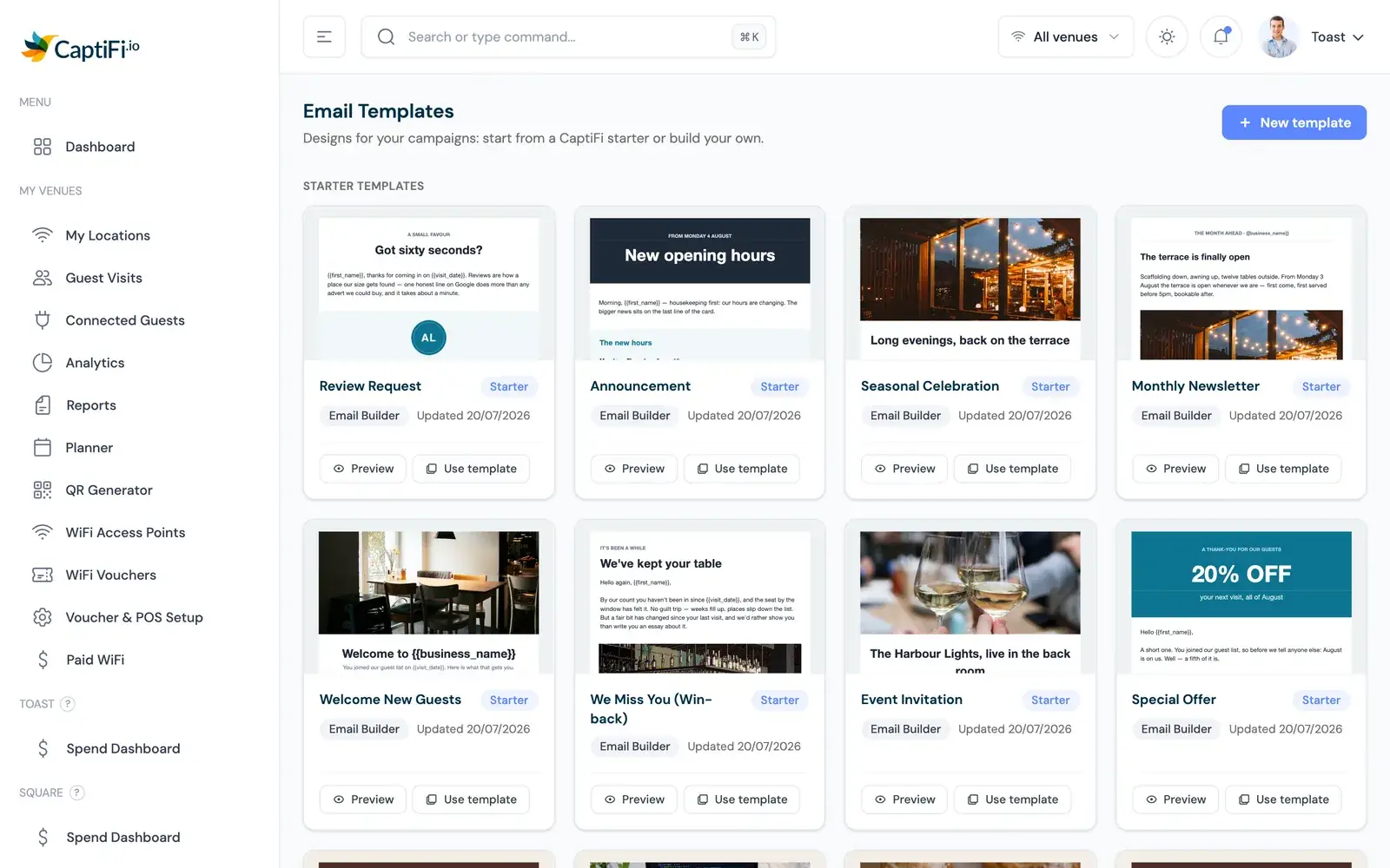 CaptiFi email template gallery with ready-made designs including a review request template