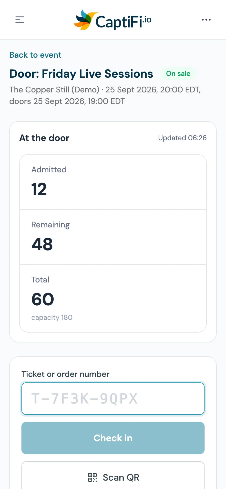The CaptiFi door check-in page on a phone showing 12 admitted, 48 remaining and 60 total, a ticket or order number box, a Check in button and a Scan QR button