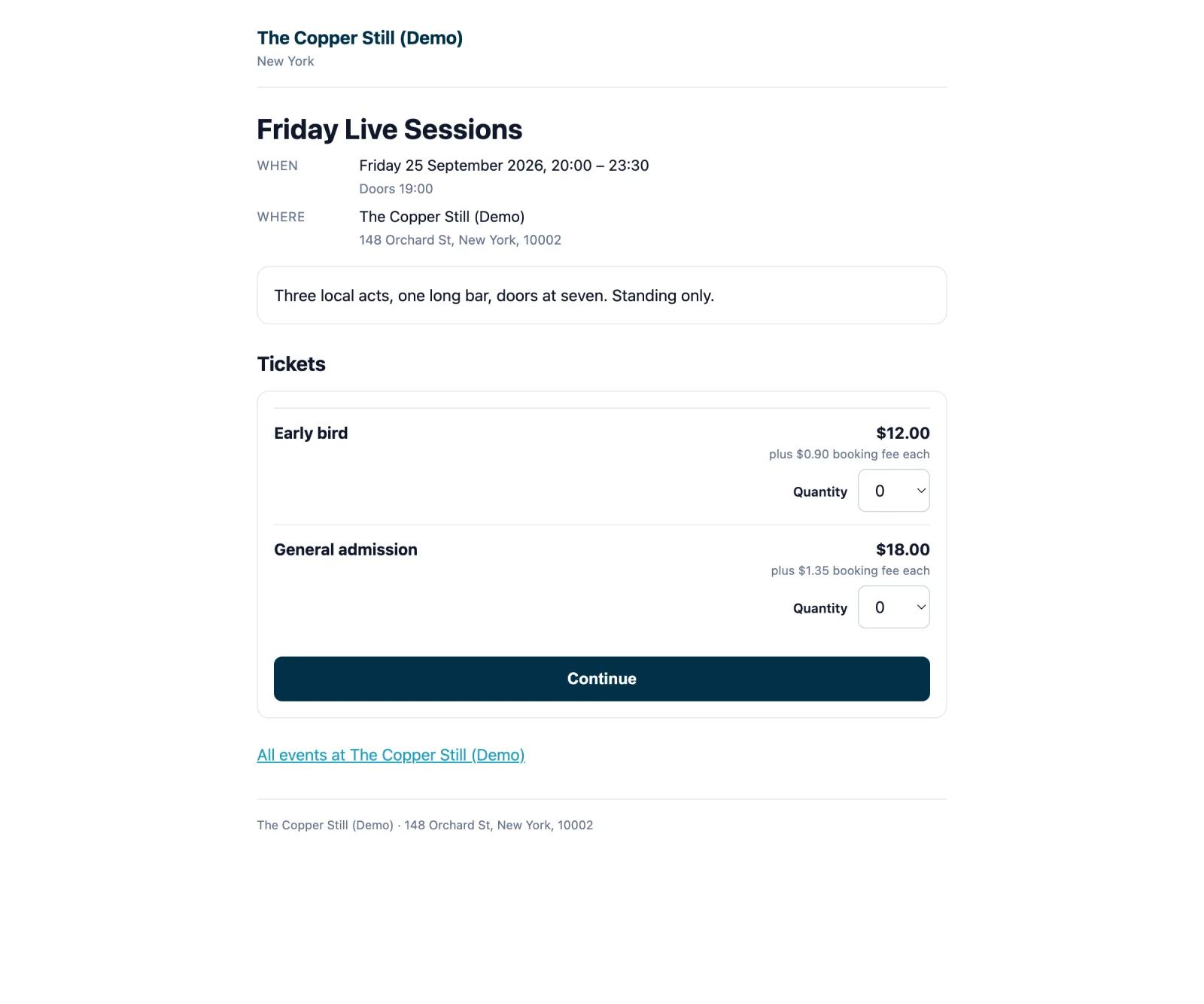 A CaptiFi public event page for Friday Live Sessions showing the date, doors time, venue address, an Early bird and a General admission ticket type with prices, booking fee lines and quantity pickers