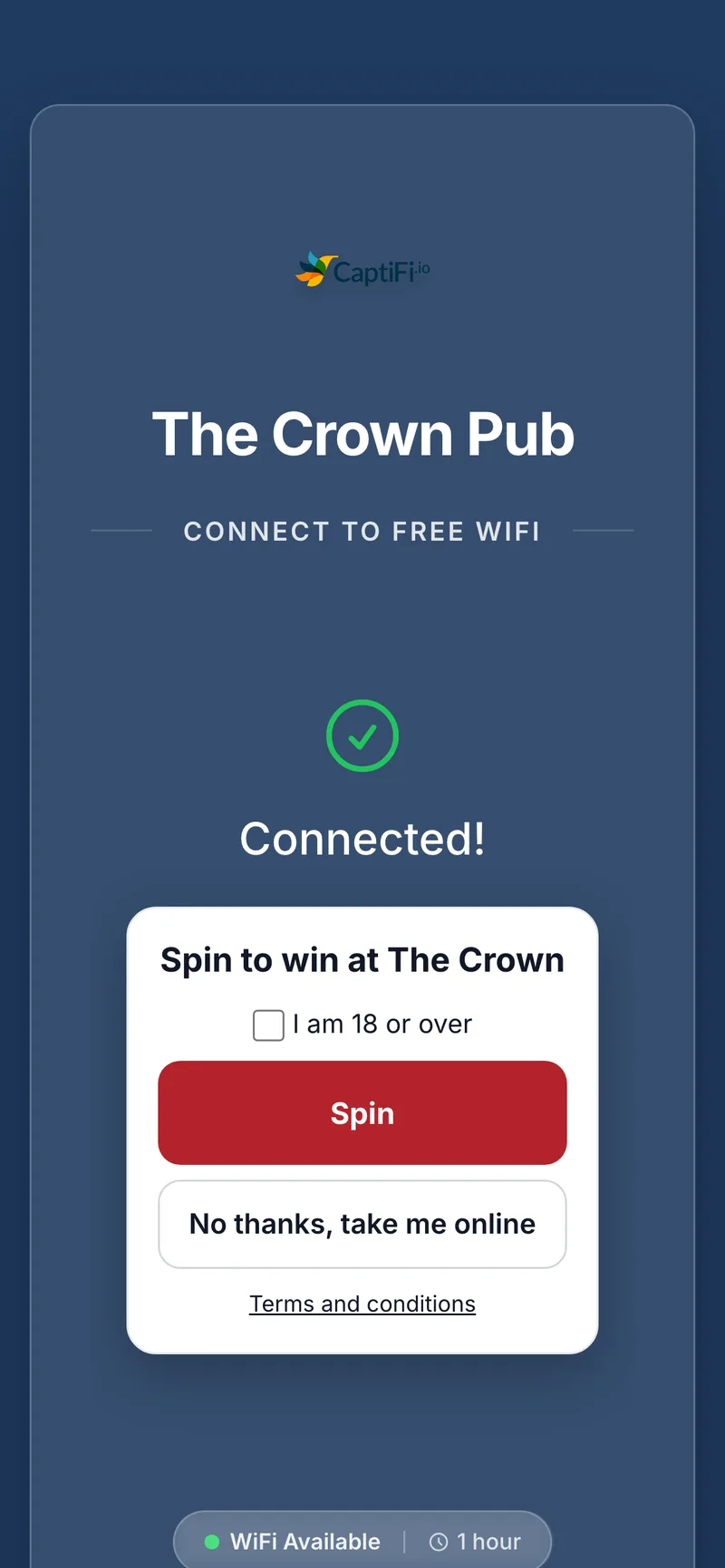 A guest's phone showing the After connecting screen of a venue's WiFi with a card inviting the guest to play the venue's game