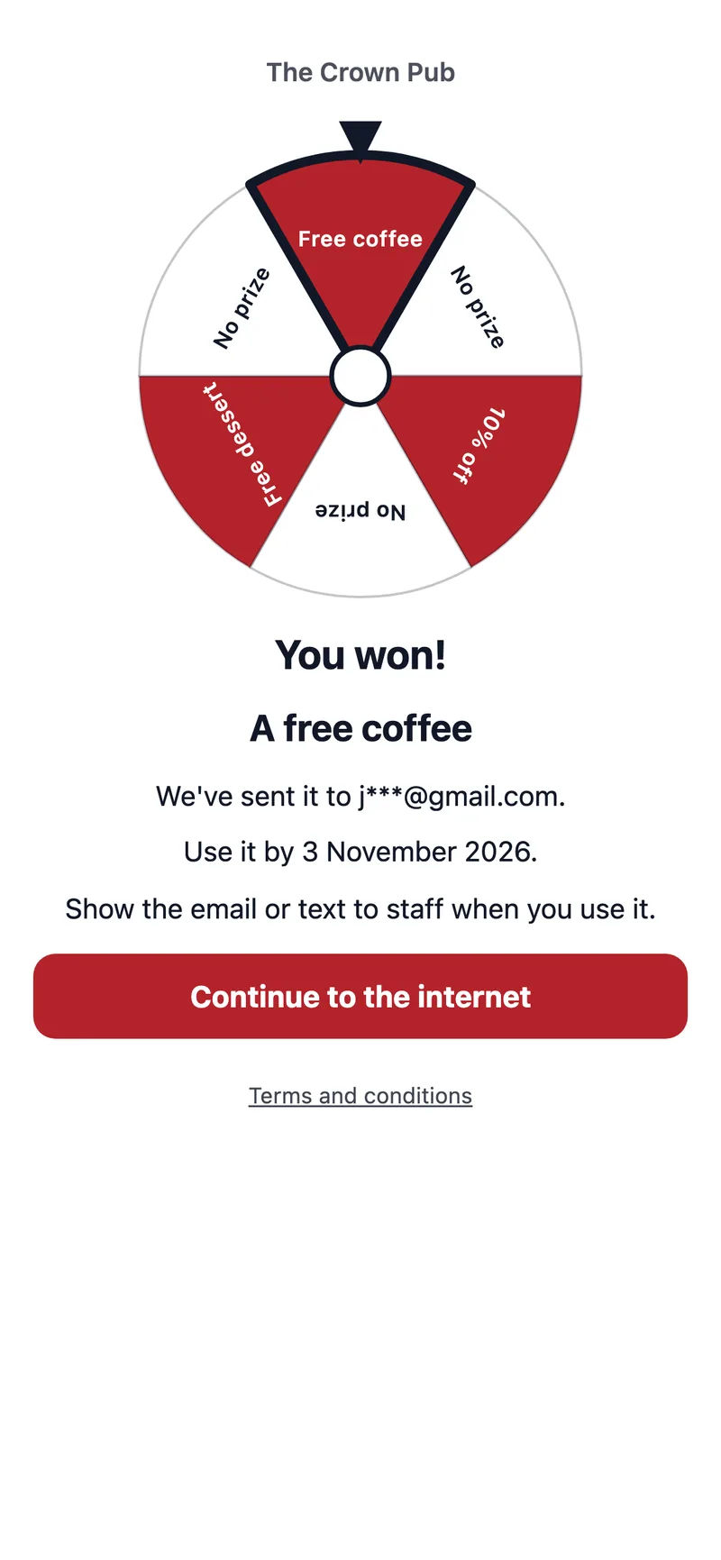 A guest's phone showing the result of a CaptiFi game: the prize they won and where it was sent, with no code on the screen