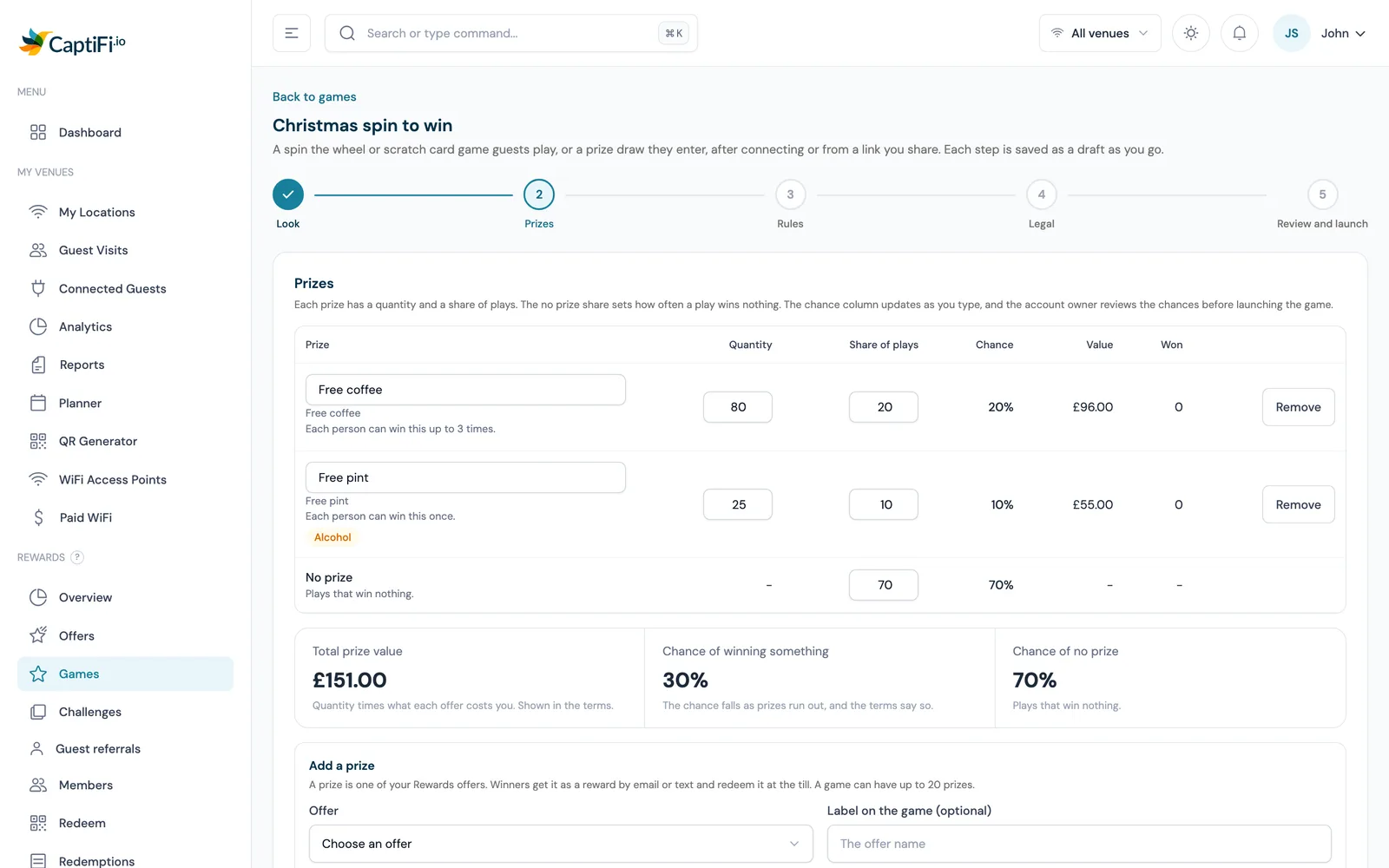 The CaptiFi game setup screen, where a venue picks a spin-the-wheel game or a scratch card, chooses prizes from its Rewards offers and sets limits per guest and per prize