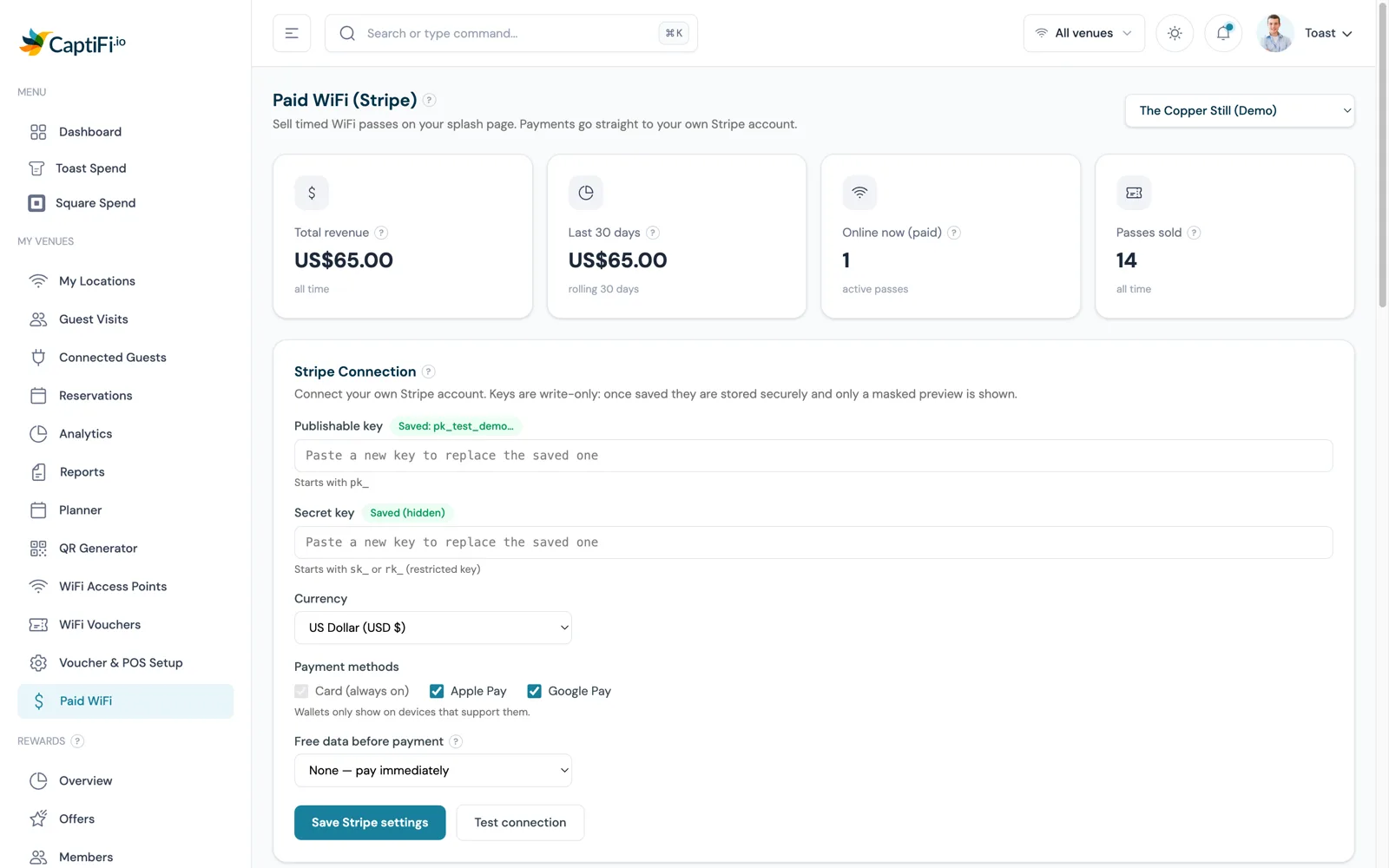 The Paid WiFi (Stripe) page showing Total revenue, Last 30 days, Online now (paid) and Passes sold cards above the Stripe Connection card with key fields, currency, payment methods and the Free data before payment setting