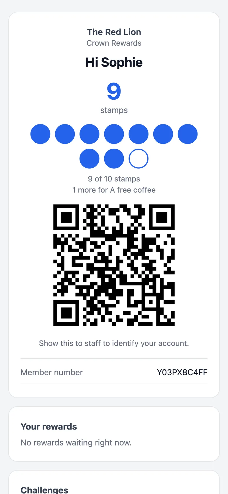 A member's rewards page on a phone showing their stamp card with the stamps collected so far