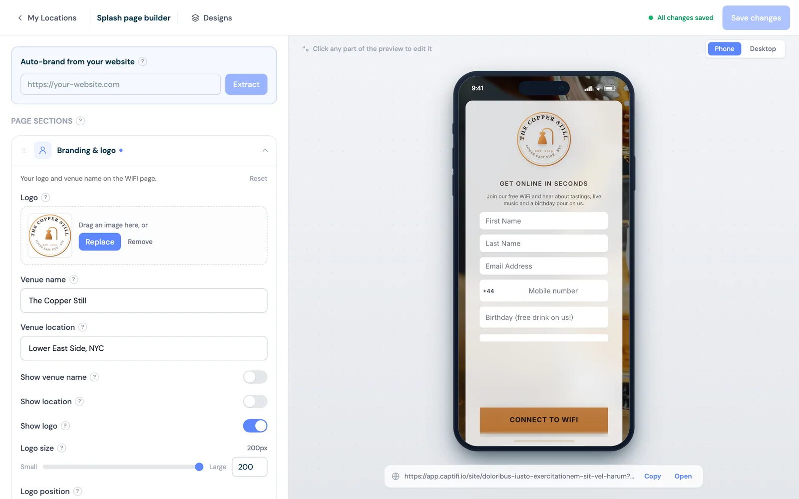 CaptiFi splash page builder showing a branded pub splash page being edited beside a live iPhone preview