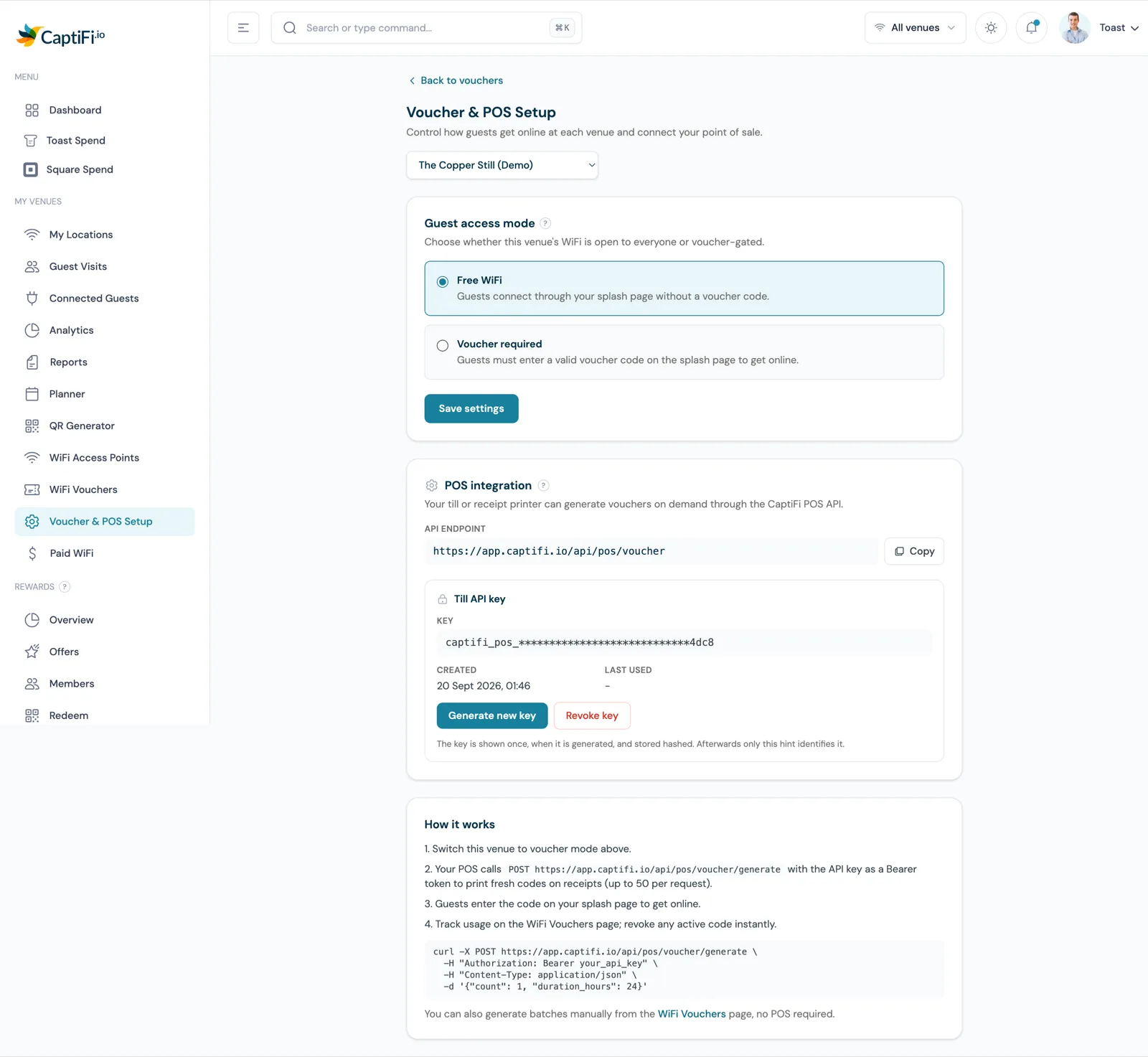 CaptiFi Voucher and POS Setup page showing the free and voucher access modes and the POS API key and endpoint for a till integration