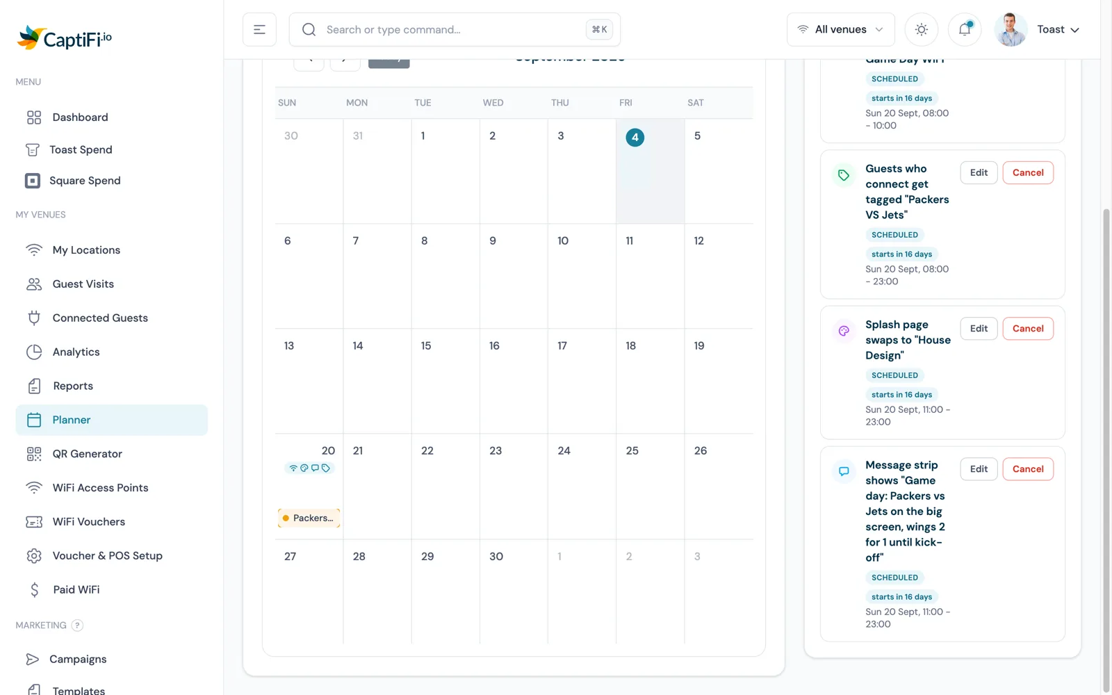 CaptiFi Planner calendar showing an event day badged with four scheduled WiFi automations and a countdown panel beside it