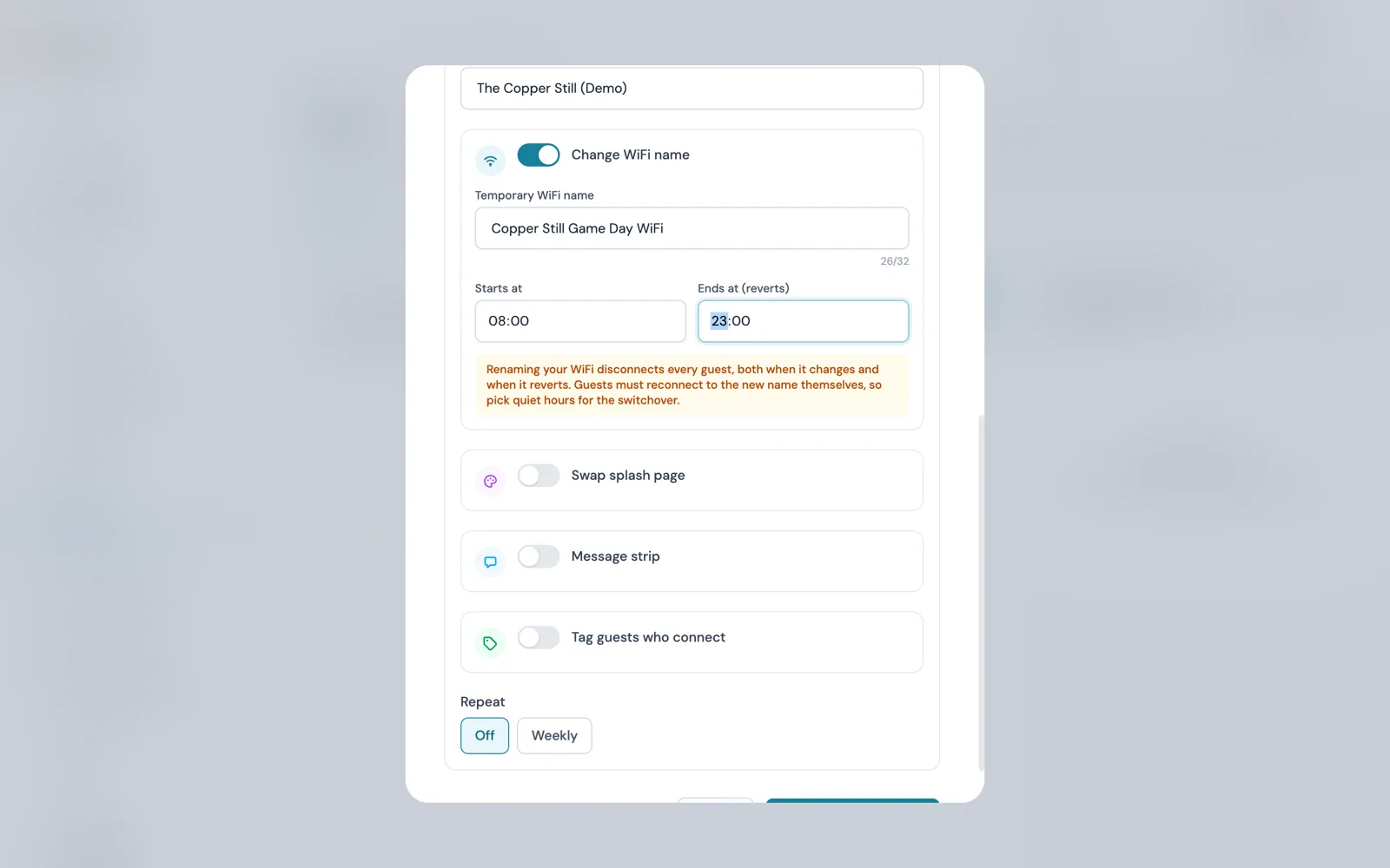 CaptiFi change WiFi name automation with a temporary network name, a time window and a warning that renaming disconnects guests