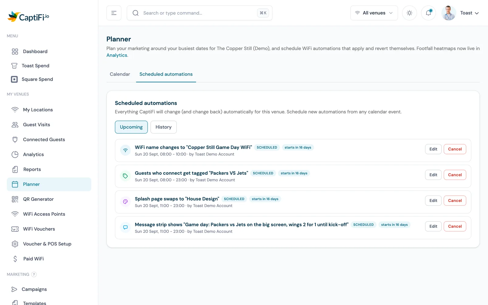 CaptiFi scheduled automations list showing a WiFi name change, a guest tag, a splash page swap and a message strip queued for the same event day