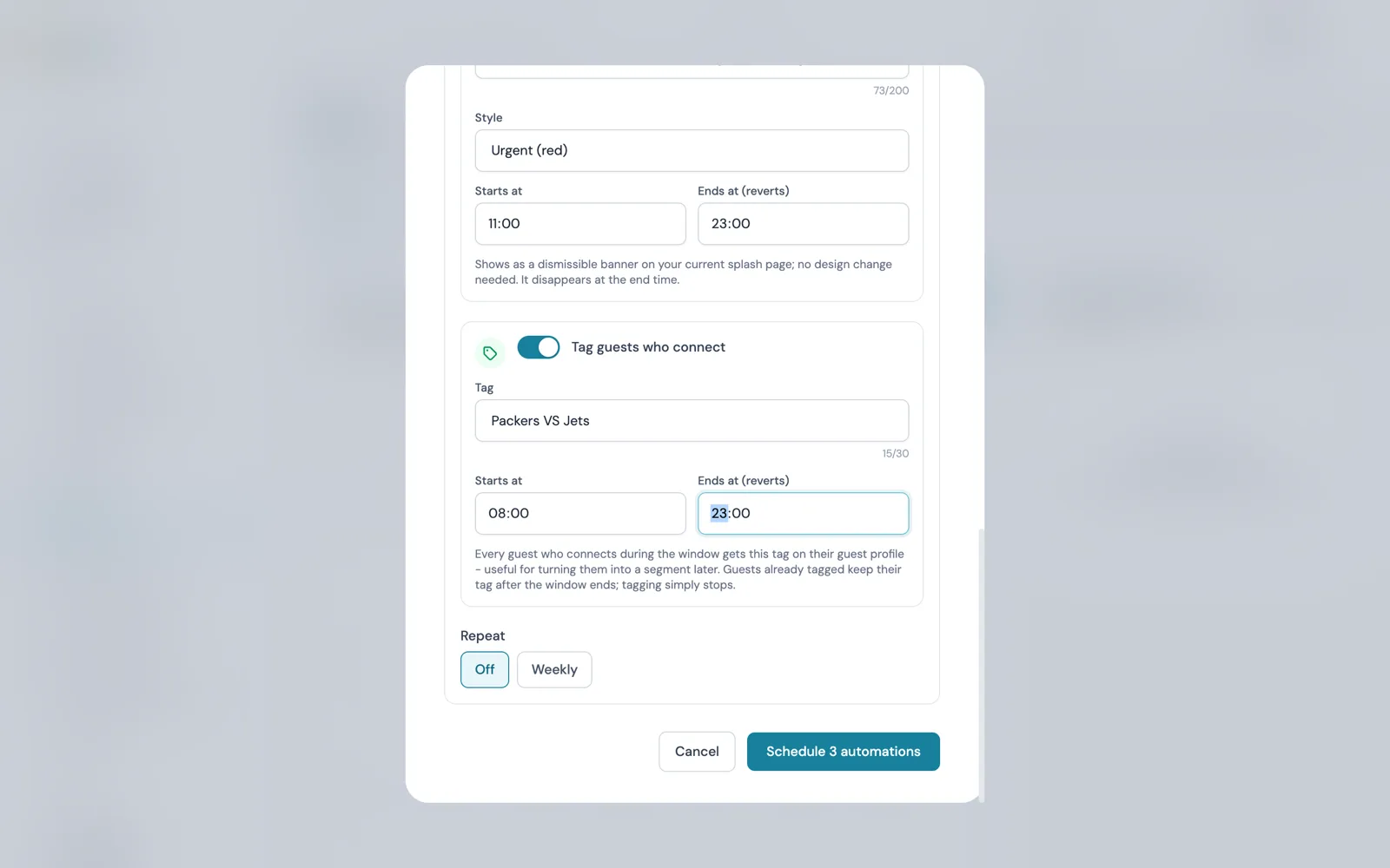 CaptiFi tag guests who connect automation, with a tag name and a start and end time for the day
