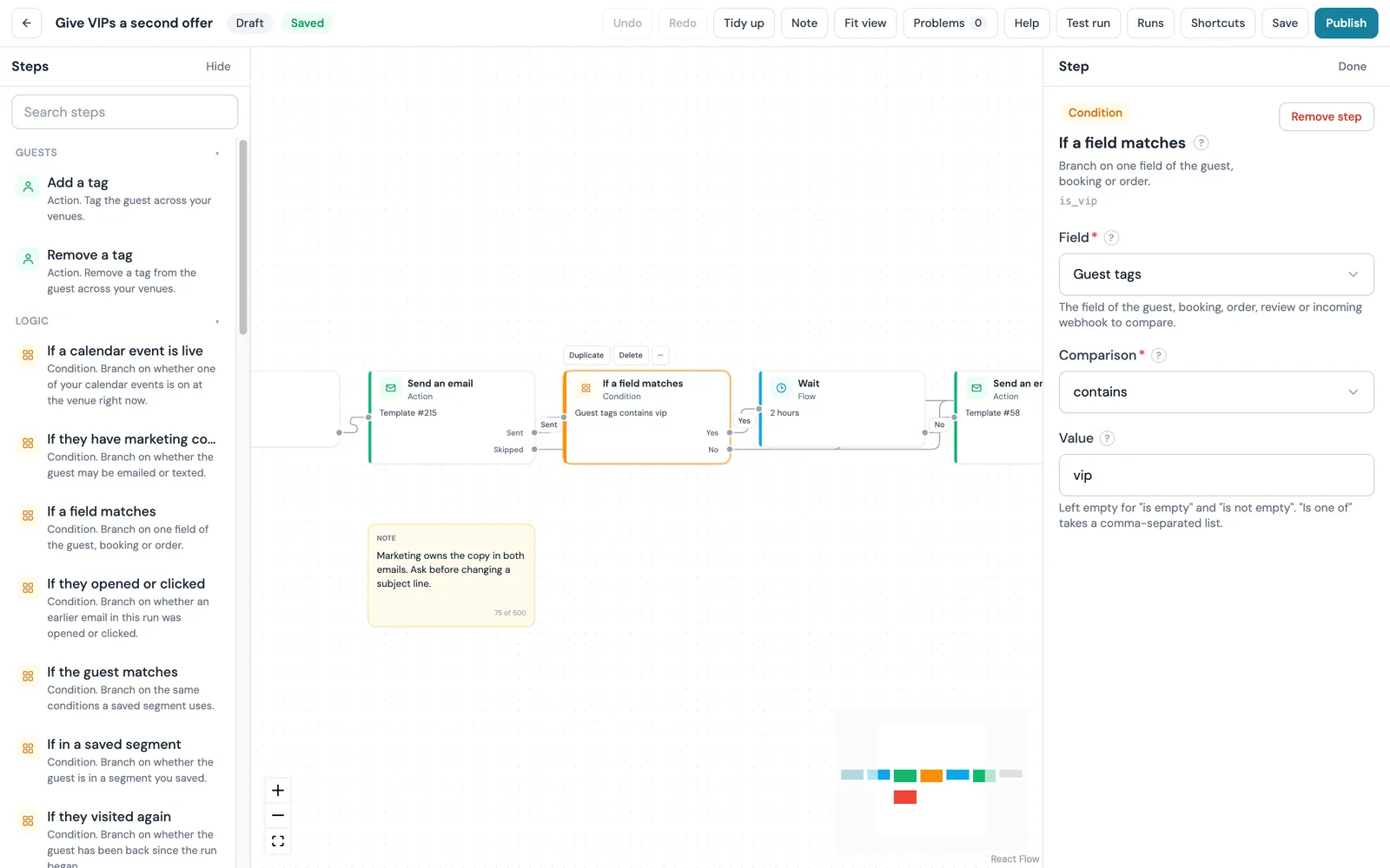 An If a field matches step on the CaptiFi Workflows canvas set to Guest tags contains vip, with a Yes path to a wait and a second email and a No path onwards, and the step's Field, Comparison and Value settings beside it