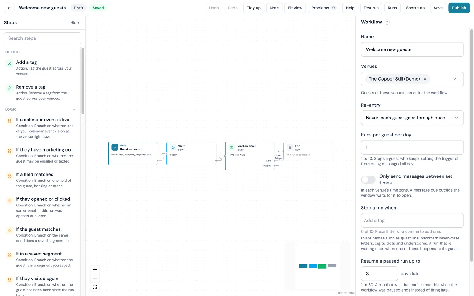 The CaptiFi Workflows canvas with a welcome journey: Guest connects, Wait one hour, Send an email and End, with the step palette on the left and the workflow settings panel open on the right