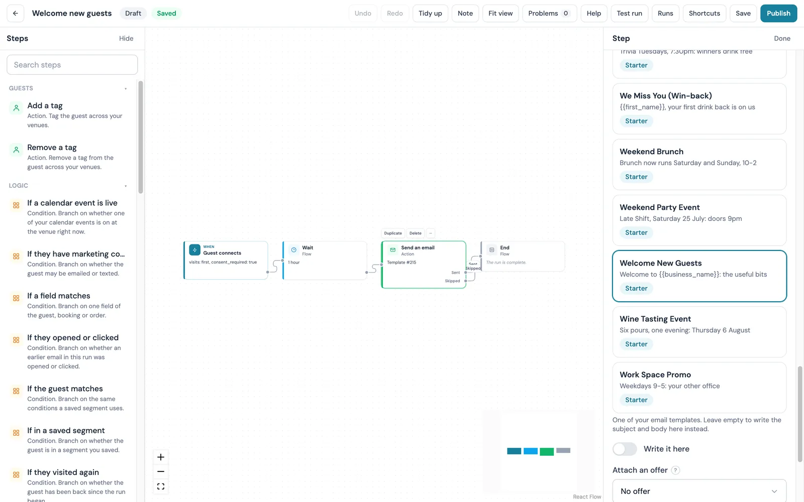 The settings panel for a Send an email step in CaptiFi Workflows, listing the account's email templates with Welcome New Guests selected, a Write it here toggle and an Attach an offer field