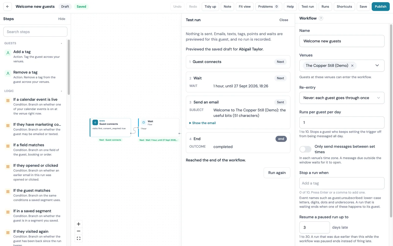 The Test run panel over the CaptiFi Workflows canvas previewing the welcome journey for one guest: Guest connects, a one hour wait with the time it would end, the email subject with the venue name filled in, and End