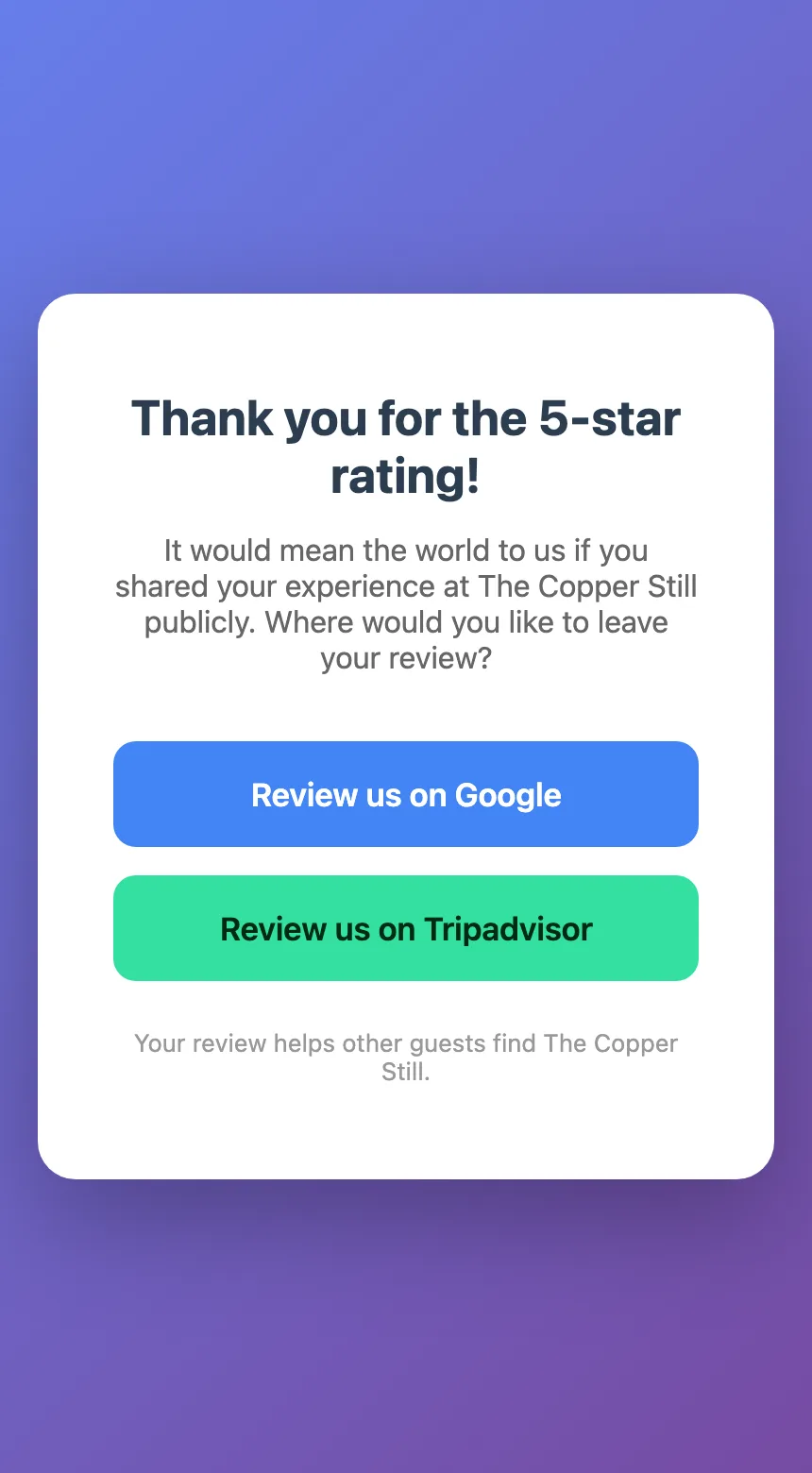 The branded choice page a happy guest sees on their phone, with Review us on Google and Review us on Tripadvisor buttons
