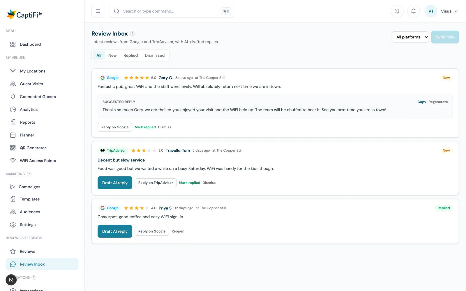The Review Inbox showing a TripAdvisor review with the owl mark and an AI-drafted reply suggestion