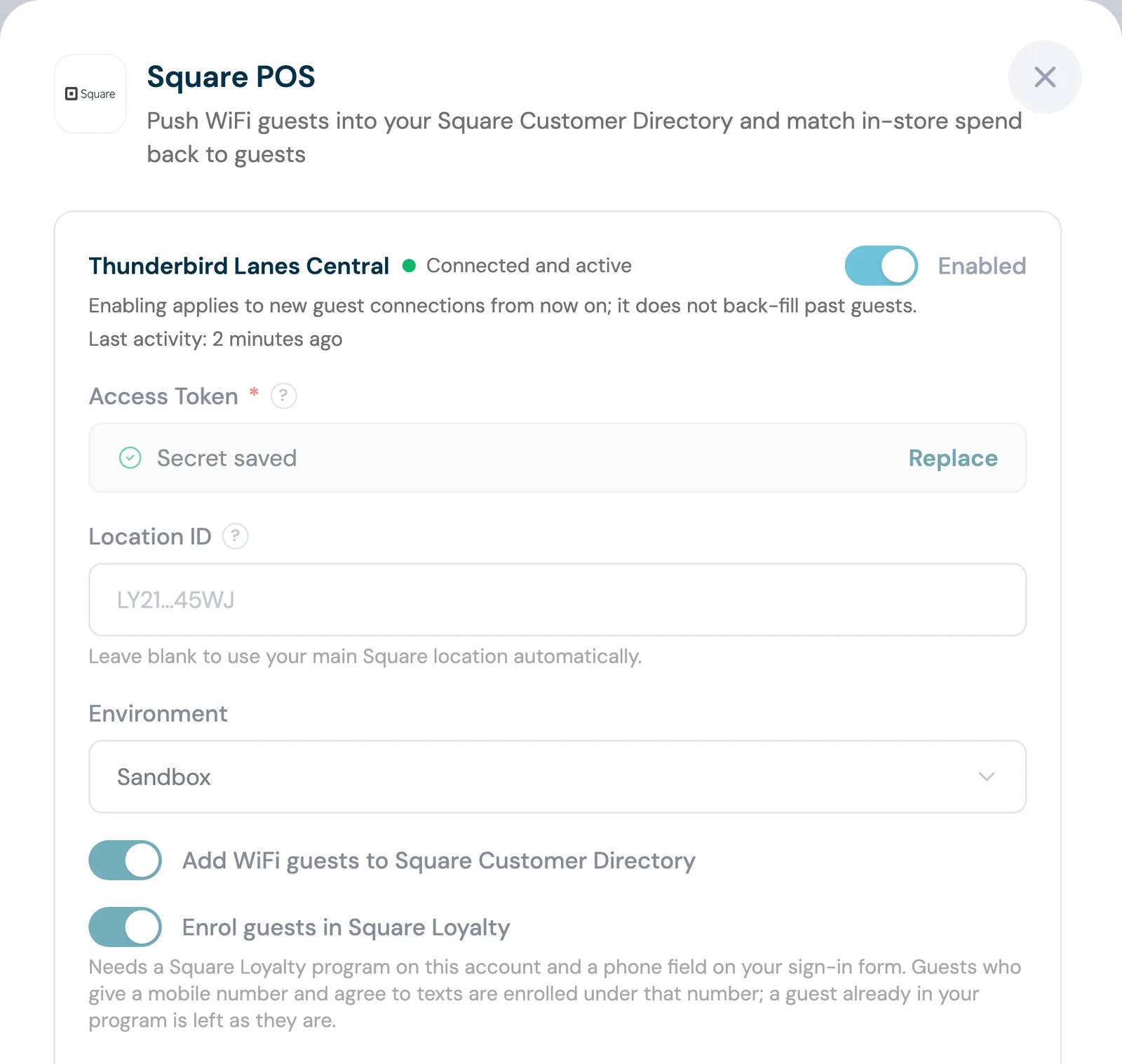 The Square POS settings panel in the CaptiFi dashboard for a connected venue, with Add WiFi guests to Square Customer Directory and Enrol guests in Square Loyalty switched on