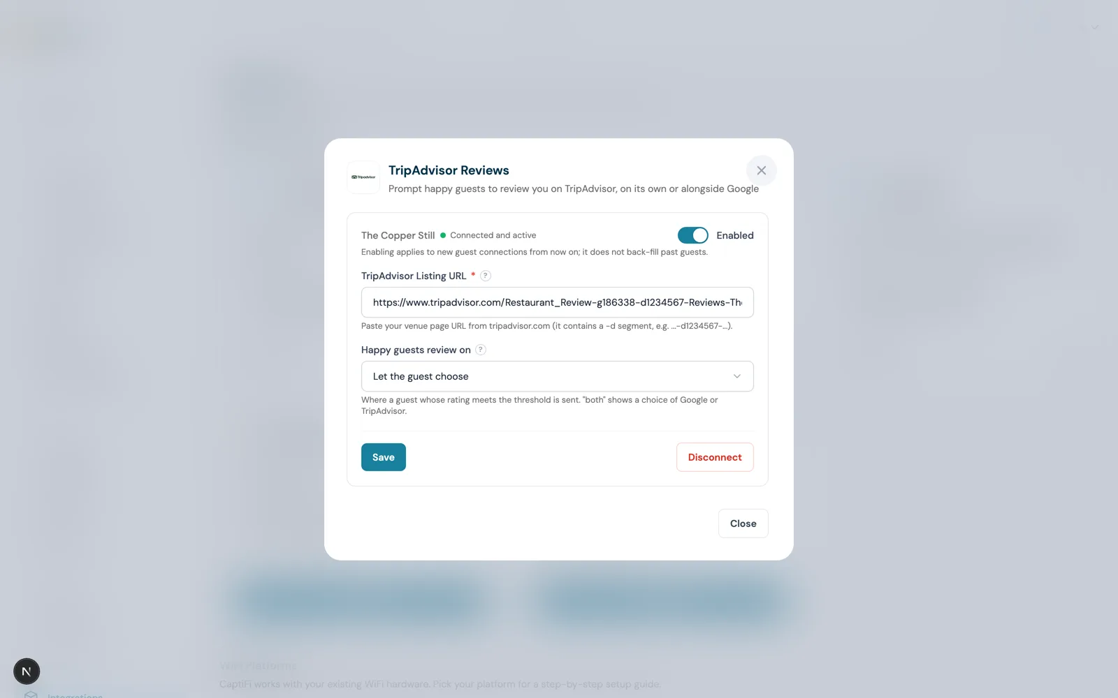 The TripAdvisor Reviews integration settings in the CaptiFi dashboard with the listing URL field and destination picker